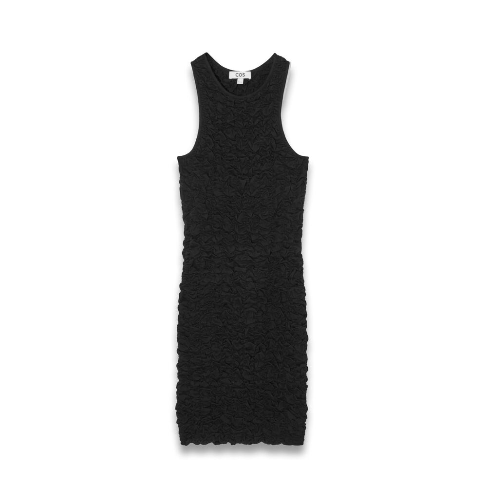 COS 100% Organic Cotton Bubble Smocked Mini Tank Dress in Black size Large NWT